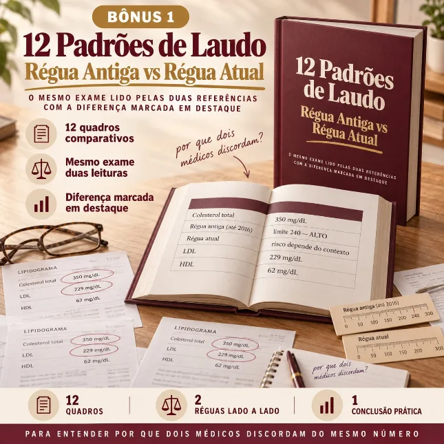 Capa do bônus 12 Padrões de Laudo: Régua Antiga vs Régua Atual com dois quadros comparativos