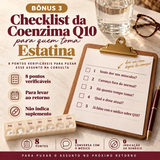 Capa do bônus Checklist da Coenzima Q10 para Quem Toma Estatina com lista de 8 pontos