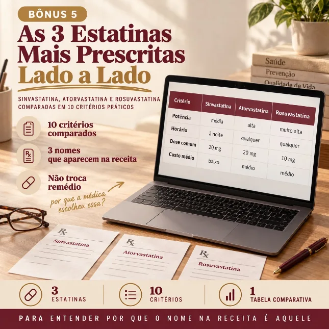 Capa do bônus Tabela das 3 Estatinas Mais Prescritas Lado a Lado com três colunas comparadas